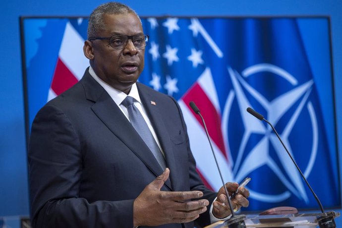 22 October 2021, Belgium, Brussels: Lloyd J. Austin III, US Secretary of Defence, speaks during a press conference on the sidelines of the NATO Defence Ministers meeting. Photo: Chad J. Mcneeley/US Secretary of Defence/dpa - ATTENTION: editorial use onl