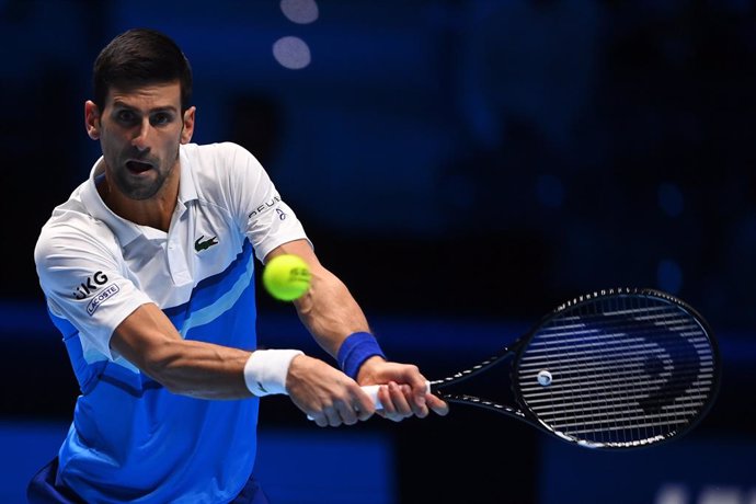 19 November 2021, Italy, Turin: Serbian tennis player Novak Djokovic in action against Britain's Cameron Norrie during their first round singles match of the ATP Finals at the Pala Alpitour venue in Turin. Photo: Marco Alpozzi/LaPresse via ZUMA Press/dpa
