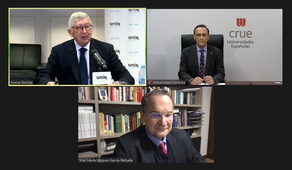 El Presidente De La Crue, Carlos Gómez Villamandos, El Rector De UNIR, JM Vázquez, Y El Presidente De UNIR, Rafael Puyol, En Un Seminario