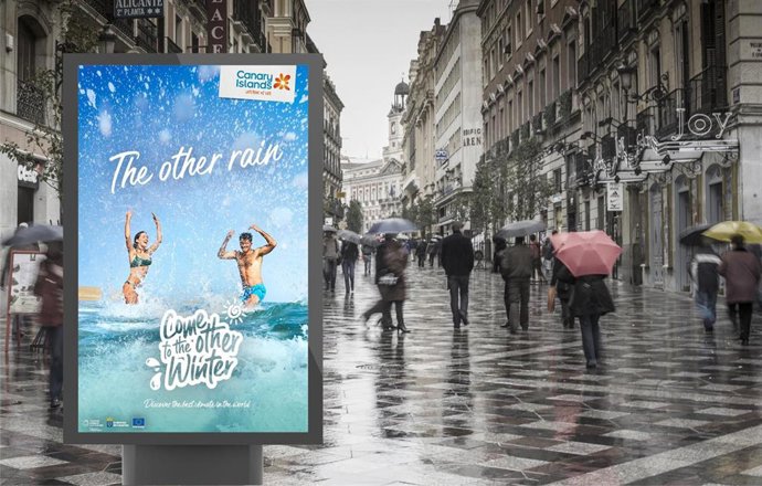 Publicidad de Canarias en una de las 15 ciudades europeas elegidas para promocionar el clima invernal del archipiélago en relación al que tienen estas ciudades