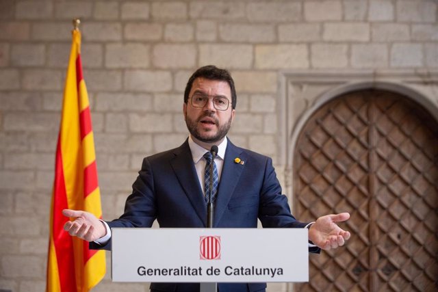 El presidente de la Generalitat, Pere Aragonès, en una comparecencia para explicar el acuerdo con los comuns sobre los Presupuestos.