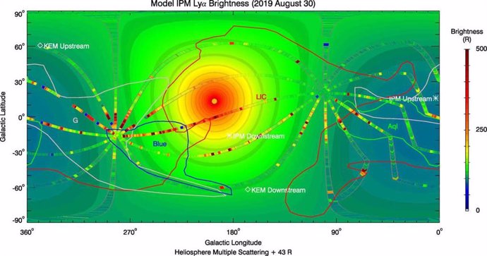 Este mapa de color falso muestra varios escaneos del fondo Lyman-alfa sobre el cielo, obtenidos por el espectrógrafo ultravioleta Alice en la nave espacial New Horizons cuando estaba a 45 UA del Sol.