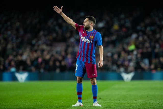 18 Jordi Alba of FC Barcelona gestures during the spanish league, La Liga, football match played between FC Barcelona and RCD Espanyol at Camp Nou stadium on November 20, 2021, in Barcelona, Spain.
