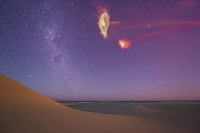 Una vista del gas en el Sistema de Magallanes tal como aparecería en el cielo nocturno. Esta imagen, tomada directamente de las simulaciones numéricas, ha sido ligeramente modificada por estética.