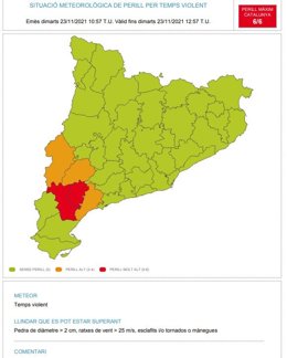 Mapa de riesgo por el temporal en Catalunya a mediodía del martes 23 de noviembre de 2021.