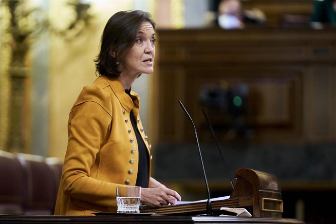 La ministra de Industria y Turismo, Reyes Maroto, interviene en una sesión plenaria en el Congreso de los Diputados, a 23 de noviembre de 2021, en Madrid, (España).