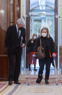 La diputada de Coalición Canaria, Ana Oramas, a su llegada a una sesión plenaria en el Congreso, junto al diputado Pedro Quevedo (Nueva Canarias)