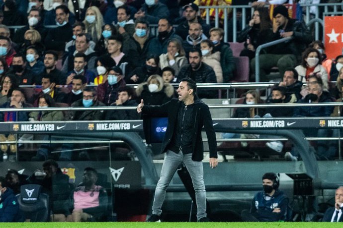 Xavi Hernandez, head coach of FC Barcelona, gestures during the spanish league, La Liga, football match played between FC Barcelona and RCD Espanyol at Camp Nou stadium on November 20, 2021, in Barcelona, Spain.