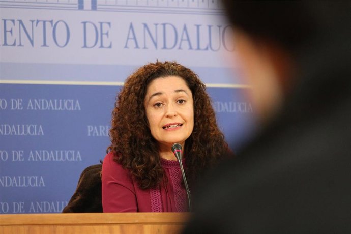 La portavoz de Unidas Podemos por Andalucía en el Parlamento, Inmaculada Nieto, este miércoles en rueda de prensa.