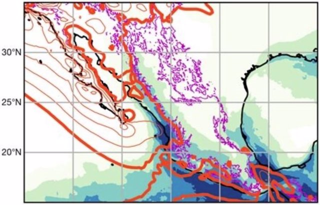 Desviación de la corriente en chorro hacia el este (contornos naranjas) desde las latitudes medias hacia el ecuador, donde produce precipitación (sombreado azul, unidades de mm / día) a medida que asciende sobre la cordillera de la Sierra Madre (magenta).