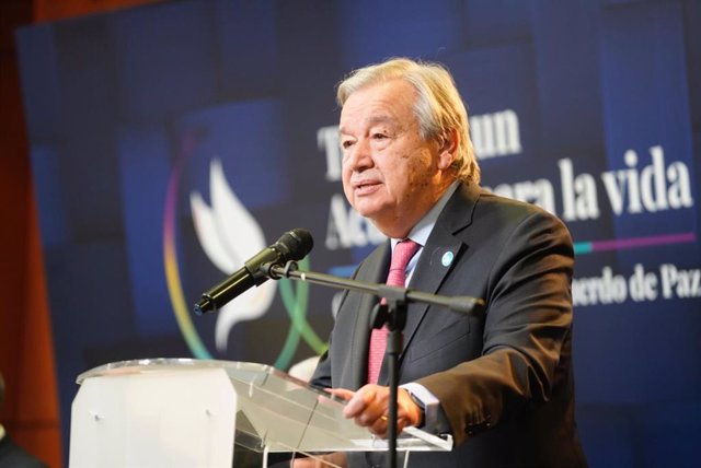 El secretario general de Naciones Unidas, António Guterres, en un acto del quinto aniversario del acuerdo de paz