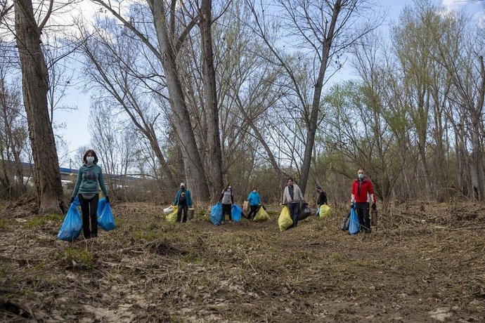 Voluntarios recogiendo basuraleza del bosque