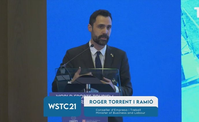 El conseller de Empresa y Trabajo de la Generalitat, Roger Torrent, en la inauguración de la primera edición del Congreso Mundial de Turismo Deportivo