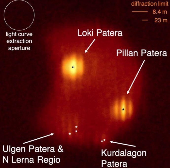 Una imagen infrarroja del comienzo de la ocultación de Io por Europa. El área oscura a la izquierda es Europa y las regiones de puntos calientes son las pateras, que son cráteres volcánicos anchos en forma de cuenco.
