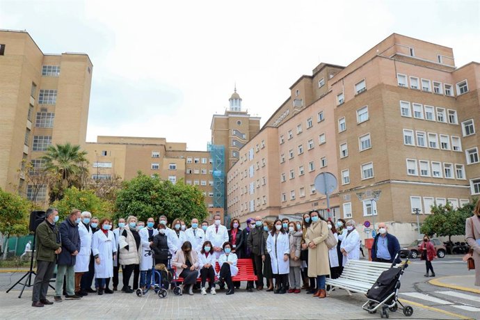 El Virgen del Rocío ha instalado un banco rojo en la alameda de los naranjos del complejo hospitalario sumándose así a la campaña de concienciación y prevención contra la violencia de género.