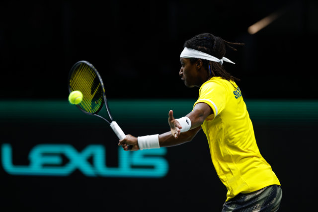Mikael Ymer of Sweden in action during the Davis Cup Finals 2021, Group B, tennis second match played between Canada and Sweden at Madrid Arena pabilion on November 25, 2021, in Madrid, Spain.