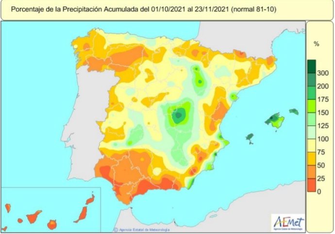 Las lluvias acumuladas en el conjunto de España están un 32% por debajo de lo normal.