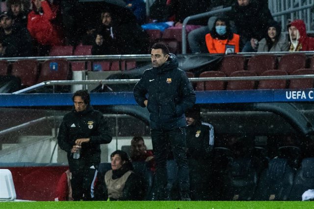 Xavi Hernandez, head coach of FC Barcelona, looks on during the UEFA Champions League, football match played between FC Barcelona and Benfica at Camp Nou stadium on November 23, 2021, in Barcelona, Spain.