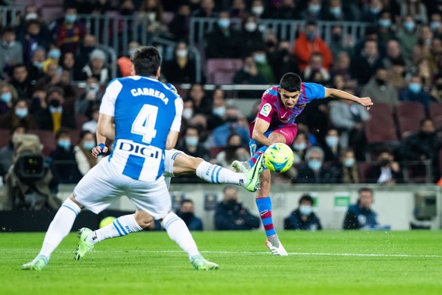 Ilias Akhomach of FC Barcelona in action during the spanish league, La Liga, football match played between FC Barcelona and RCD Espanyol at Camp Nou stadium on November 20, 2021, in Barcelona, Spain.