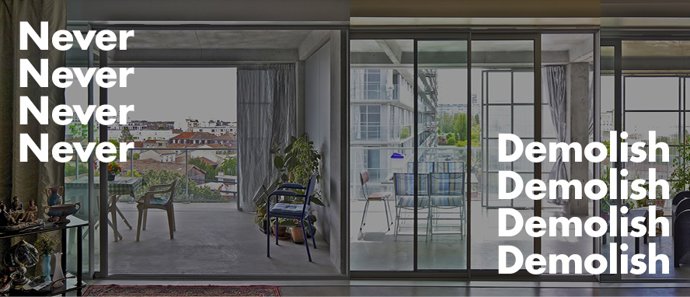 Cartel de la intervención Never demolish, comisariada por Ilka y Andreas Ruby, en el Pabellón Mies van der Rohe de Barcelona