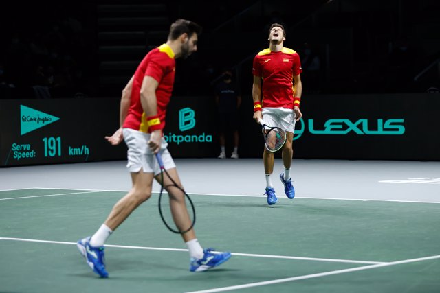 Pablo Carreno and Marcel Granollers of Spain in action during the Davis Cup Finals 2021, Group A, tennis third match played between Spain and Ecuador at Madrid Arena pabilion on November 26, 2021, in Madrid, Spain.