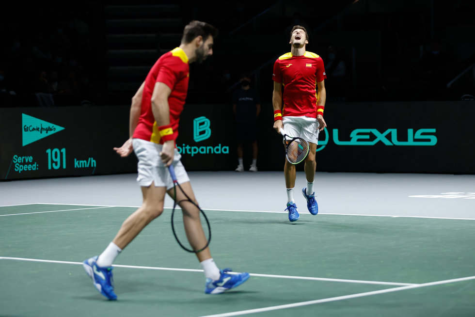 Pablo Carreno and Marcel Granollers of Spain in action during the Davis Cup Finals 2021, Group A, tennis third match played between Spain and Ecuador at Madrid Arena pabilion on November 26, 2021, in Madrid, Spain.