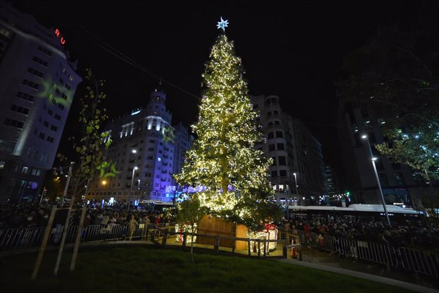 El abeto natural de Plaza España, en el acto de encendido de la iluminación navideña de la ciudad.