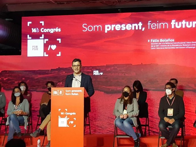 El ministro de Presidencia, Relaciones con las Cortes y Memoria Democrática del Gobierno, Félix Bolaños, durante su intervención en el XIV Congreso del PSIB-PSOE.