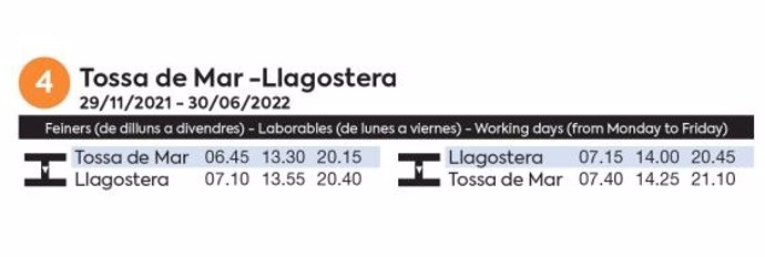 Nueva tabla de horarios tras la ampliación de la oferta de transporte público entre Tossa de Mar y Llagostera (Barcelona)