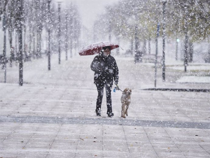 Una mujer caminando junto a su perro mientras nieva durante este sábado, 28 de noviembre de 2021, en Pamplona (Navarra)