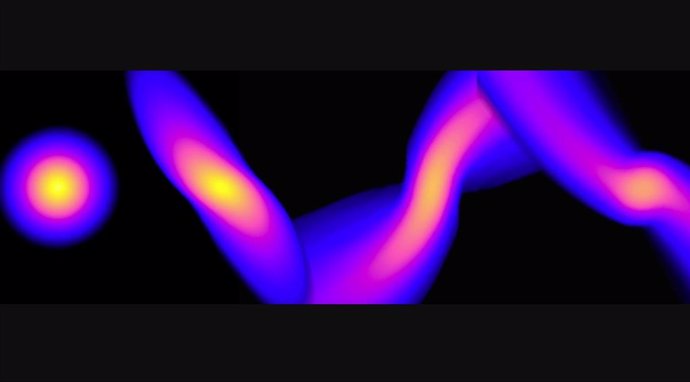 De izquierda a derecha, esta ilustración muestra cuatro instantáneas de una estrella virtual similar al Sol cuando se acerca a un agujero negro con 1 millón de veces la masa del Sol. Se estira, pierde masa y luego comienza a recuperar su forma.