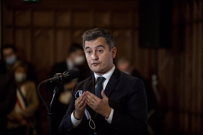 28 November 2021, France, Calais: French Interior Minister Gerald Darmanin speaks at the press briefing following the intergovernmental meeting on the fight against illegal immigration and smuggling networks. Photo: Michael Bunel/Le Pictorium Agency via