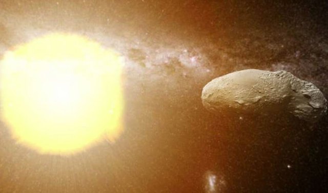 Ilustración del Sol, el viento solar y el asteroide Itokawa