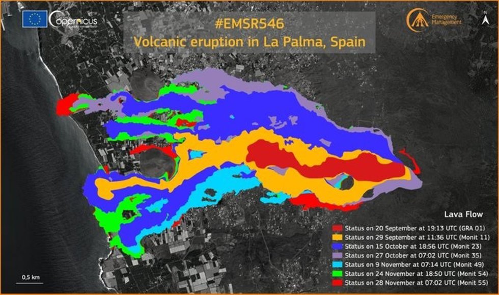 Copernicus actualiza el monitoreo en la zona del volcán, que afecta a 1.147 hectáreas y 2.748 edificaciones