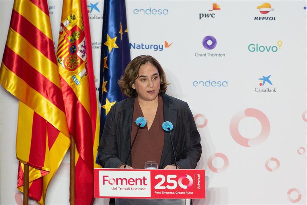 La alcaldesa de Barcelona, Ada Colau, en el acto de celebración del 250 aniversario de Foment del Treball.