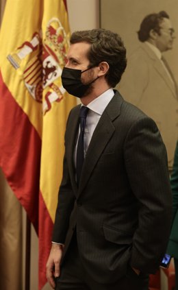 El presidente del PP, Pablo Casado, en la clausura de la mesa de debate Los Valores Constitucionales en la España del Siglo XXI, organizada por el Grupo Popular y la Universidad Católica San Antonio de Murcia, a 29 de noviembre de 2021.