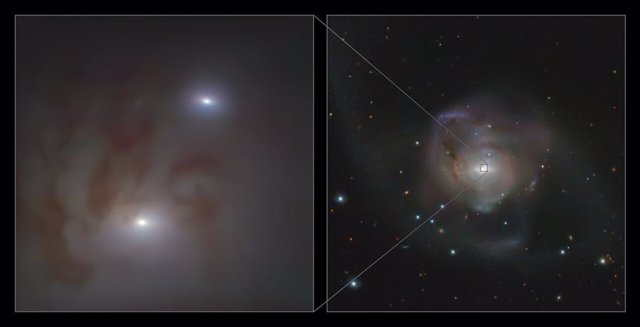 Archivo - Primeros planos y visión de amplio campo de la pareja de agujeros negros supermasivos. Firma: ESO/Voggel et al.; ESO/VST ATLAS team. Acknowledgement: Durham University/CASU/WFAU