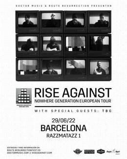 Cartel del concierto del grupo Rise Against en la Sala Razzmatazz de Barcelona el 29 de junio de 2022.
