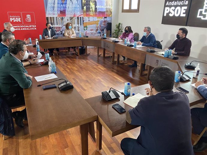 Reunión de la dirección del PSOE-A, encabezada por el secretario general, Juan Espadas, con los ocho secretarios generales provinciales del PSOE andaluz.