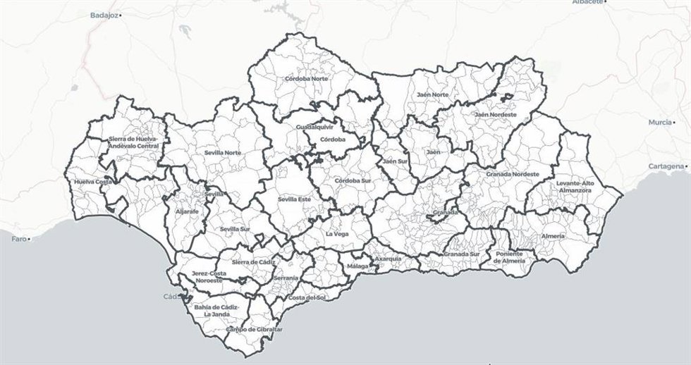 Mapa de Andalucía por distritos sanitarios en nivel 0 de alerta por Covid a 1 de diciembre de 2021