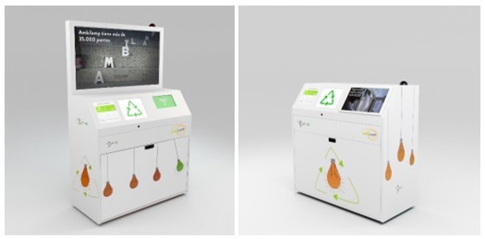 Los dos modelos de contenedores inteligentes que serán instalados en la selección de puntos de recogida de AMBILAMP durante la prueba piloto