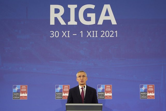 01 December 2021, Latvia, Riga: The North Atlantic Treaty Organization (NATO) Secretary General Jens Stoltenberg speaks during a press conference after the Nato Foreign Ministers meeting. Photo: Alexander Welscher/dpa