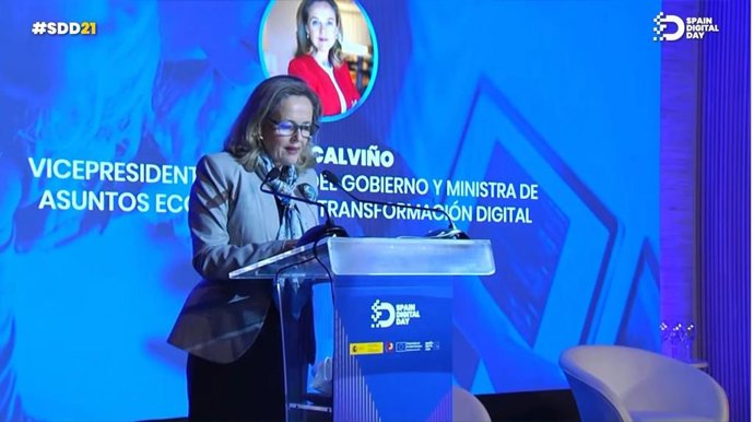 La vicepresidenta primera y ministra de Asuntos Económicos, Nadia Calviño, durante la inauguración del Spain Digital Day celebrado este jueves, 2 de diciembre.