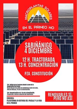 Cartel de la tractorada del 4 de diciembre en Sabiñánigo en contra del modelo especulativo de renovables