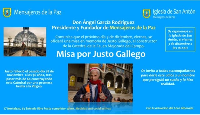 Cartel que anuncia la misa por Justo Gallego.