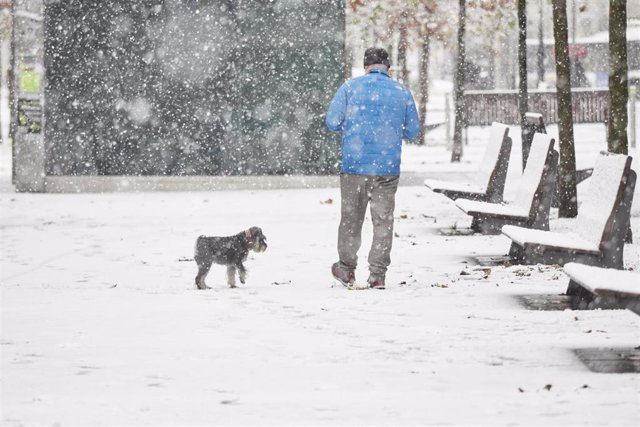 Un hombre camina sobre la nieve junto a su perro, a 28 de noviembre de 2021, en Pamplona, Navarra (España). Un total de 31 provincias se encuentran bajo diferentes niveles de riesgo por nieve, lluvia, viento, fuerte oleaje, deshielo y temperaturas mínimas