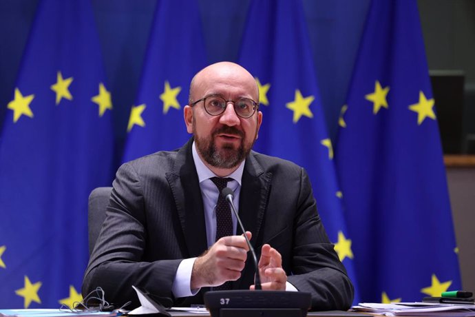 HANDOUT - 25 November 2021, Belgium, Brussels: European Council President Charles Michel attends the online opening session of the Asia-Europe Meeting (ASEM). Photo: Dario Pignatelli/EU Council/dpa - ATTENTION: editorial use only and only if the credit 