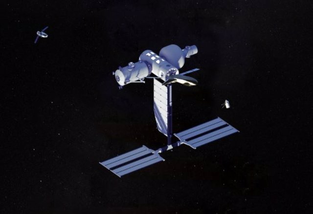 La configuración de línea de base de Blue Origin y Sierra Space Orbital Reef (segunda mitad de la década de 2020): Módulo central, Mástil de energía, LIFE, Nodo y Módulo de ciencia. Las operaciones de carga útil comienzan con el segundo lanzamiento.