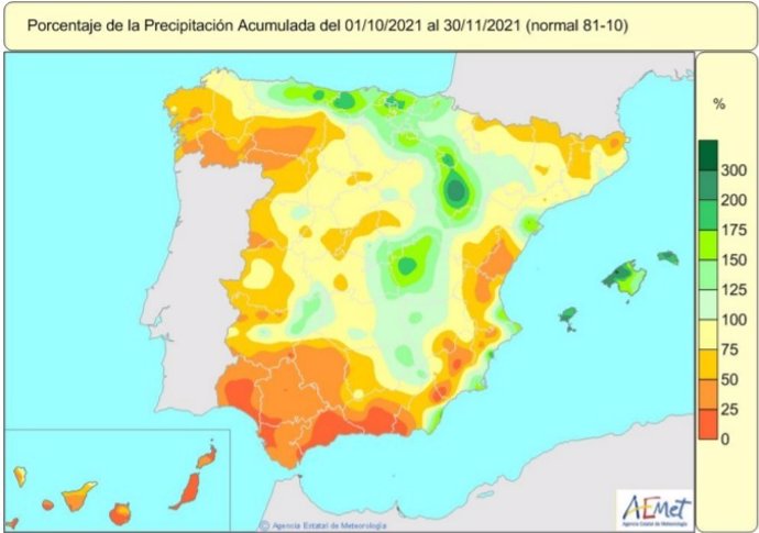 Las lluvias acumuladas en octubre y noviembre de 2021 están por debajo de lo normal en la mayor parte de la Península y Canarias, aunque en Baleares, puntos del Cantábrico y del sistema Ibérico se acercan a valores del doble de precipitación.