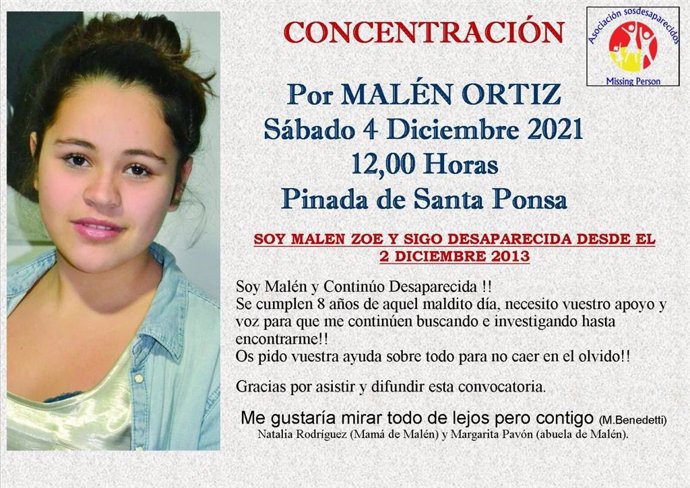 Cartel de la concentración el próximo sábado por Malén Ortiz, desaparecida desde 2013.